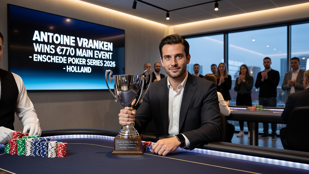 De finaletafel tijdens de Enschede Poker Series 2026 met zicht op de spelers en de dealer